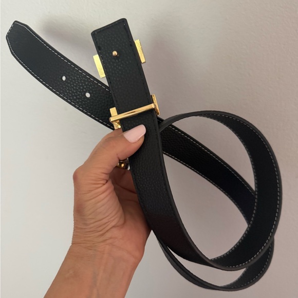 Gold H Buckle unisex Belt - Designer Style 45” L with white stitching - Picture 9 of 9